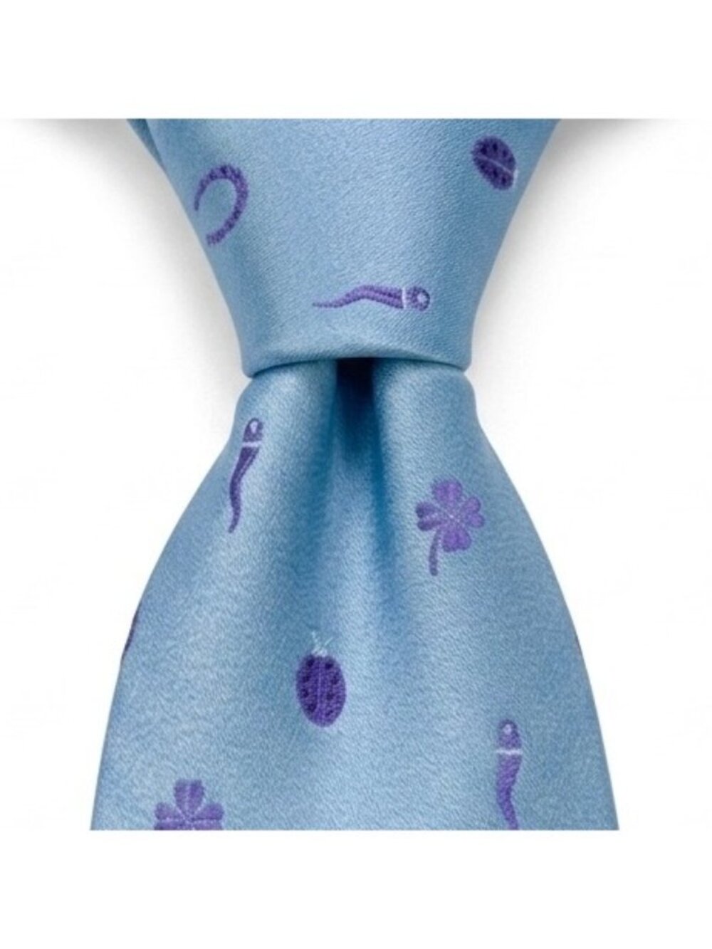 Moschino NWT Light Blue Silk Tie With Ladybug Clover & Horseshoe Pattern